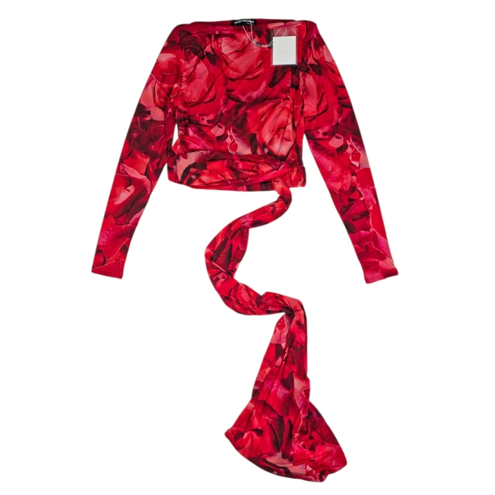 Naked Wardrobe Top Bare Body Rouge Rose Print Tie Size S NWT Crop Wrap - Picture 2 of 7